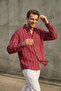 Self-Patterned (Wrinkle Effect) Thick Striped Men's Long-Sleeved Red Shirt Ls-13045 - 2