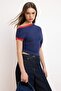 Lacivert Düz Fitted Asimetrik Yaka Düşük Kol Kısa Crop Pamuk Ribana Örme Bluz TWOSS26BZ00563 - 2