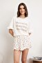 Ecru 100% Cotton Floral and Slogan Flounced Shorts Knitted Pajamas Set Thmss25Pt00204 - 2
