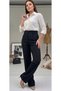 Ribbed Stitched Black Trousers for Women with Striped Pockets, High Waist, Lycra Palazo, Wide Legs