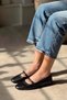 Elva Front Strap Detail Genuine Leather Women's Flat Shoes Black - 3