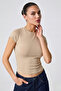 Women's Stretchy Fabric Body-Fitting Beige Slim Fit Crew Neck Basic T-Shirt - 4