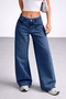 Women's Navy Blue Wide Leg Loose Leg Low Waist Denim Jean Trousers - 6