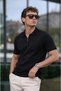Black Men's Polo Collar Half Zipper Black T-Shirt - 8