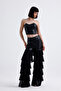 Tulle Ruffle Detailed Faux Leather Trousers |   Pnt35953 Black - 2