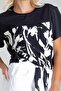 Women's Tied Printed Viscose Combination Lycra Knitted Fabric Crew Neck Tshirt Black-Black Print - 5
