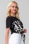 Women's Tied Printed Viscose Combination Lycra Knitted Fabric Crew Neck Tshirt Black - 3