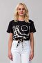 Women's Tied Printed Viscose Combination Lycra Knitted Fabric Crew Neck Tshirt Black - 2