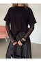 Lace sleeve basic t-shirt - black - 5