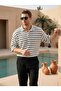Button Collar Black Half Sleeve Oversize Striped Tshirt - 7