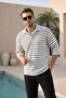 Button Collar Black Half Sleeve Oversize Striped Tshirt