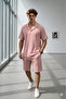 Men's Salmon Color Wrinkled Apaj Collar T-Shirt and Shorts Set
