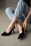 Voli Black Suede Side Buckle (8 cm) Pointed Toe Heeled Shoes