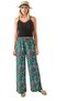Women's Green Floral Patterned Black Linen Palazzo Wide Leg High Waist Summer Trousers - 3