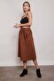 Lightweight Lycra Suede Fabric High Waist Long Skirt-Tan - 3