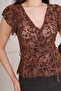 Flock Printed Waist-Tied Zero-Sleeve Brown Blouse - 4