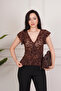 Flock Printed Waist-Tied Zero-Sleeve Brown Blouse