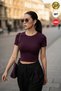 Women's Plum Crew Neck Lycra Short Sleeve Body Crop Blouse