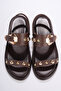 Women's Coffee-Colored Gold Detail Metal Accessory Soft Comfortable Sole Daily Sandals - 9