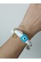 White Fabric Scarf, Bandana Bracelet, Blue Evil Eye Bead, Elephant Clover Leaf Charm - 6