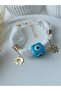 White Fabric Scarf, Bandana Bracelet, Blue Evil Eye Bead, Elephant Clover Leaf Charm
