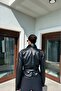 Women's Belt Detailed Double-Breasted Black Leather Jacket - 7
