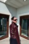 Women's Belt Detailed Double-Breasted Burgundy Leather Jacket - 4