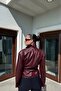 Women's Belt Detailed Double-Breasted Burgundy Leather Jacket - 5