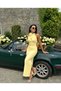 Women's Special Design Neckline Rose and Stone Detail Scuba Fabric Evening Dress with Low Chest Cut and Slit
