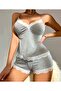 Lace Embroidered Gray Strap Shorts Pajama Set