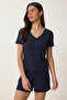 Button Detailed Ribbed Knitted Pajama Set Lrn0031 Dark Blue - 2
