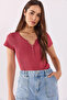 Women's Matilda Button Detailed Fitted T-Shirt 100% Cotton - Dried Rose - 2
