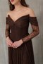 Women's Brown Boat Neck Lace Detail Long Evening Dress - 4