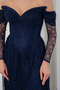 Women's Navy Blue Boat Neck Lace Detail Long Evening Dress - 4