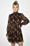 Women's Brown Patterned Gipeli Collar and Sleeve Detail Belted Lined Mini Chiffon Dress 0933 60283947 - 3