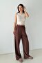 Women's Brown Wide-Leg Draped Woven Trousers - 5