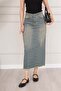 Antique Slit Detailed Midi Length Denim Skirt - 6