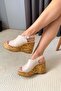 Women's Pure Beige Patent Leather 10 cm Padded Written Cork Sole Shoes - 2