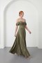 Women's Khaki Boat Neck Stoned Long Promise Engagement Wedding Evening Dress - 2