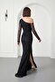 Women's Black Chest Detailed Long Lace Evening Dress - 6