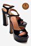 Genuine Leather Black Patent Leather Ankle Strap Open Platform Heeled Handmade Women's Shoes Talia - 2