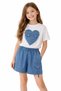 Girl's Heart Patterned Front Cover Pocket Model T-Shirt and Denim Shorts Two-Piece Set