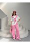 Women's White-Pink Shoulder Strap Detailed Top and Bottom Set