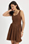 Women's standard fit regular cut cotton strap square neck pleated brown dress - 2