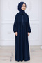 Girl's Cotton Full Length Hijab Dress with Baby Collar and Elastic Sleeves - Navy Blue - 4