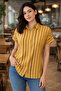 Women's Striped Top Short Sleeve Buttoned Comfortable Fit Modern Mustard Shirt - 5