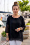Black Crew Neck 3/4 Sleeve, Sleeve and Hem Mesh Detailed Casual Muslin Oversize Woven Blouse 60 65 - 3