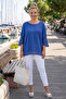 Blue Crew Neck 3/4 Sleeve, Sleeve and Hem with Mesh Detail Casual Muslin Oversize Woven Blouse 60 65 - 5