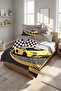 Racing Car Checkered Youth Pike Team-Speed Passionate Modern Gray Yellow Black Quilted Bedspread - 2