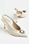 Women's Thin Heeled Shoes Stiletto Beige Galvanized Heel with Metal Accessories - 3